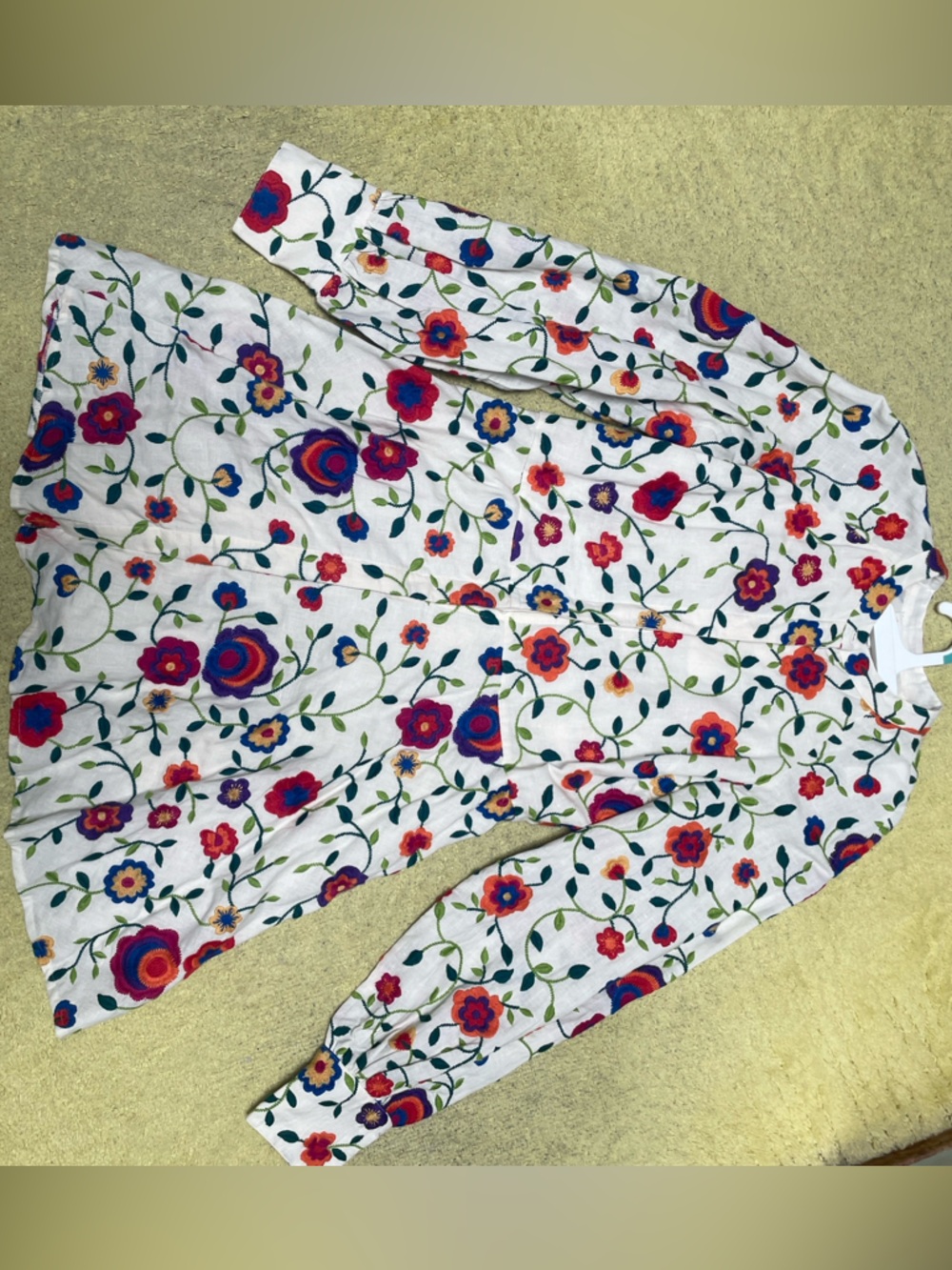 Sezane White Floral Long-Sleeve Casual Dress with Multicolor Embroidery